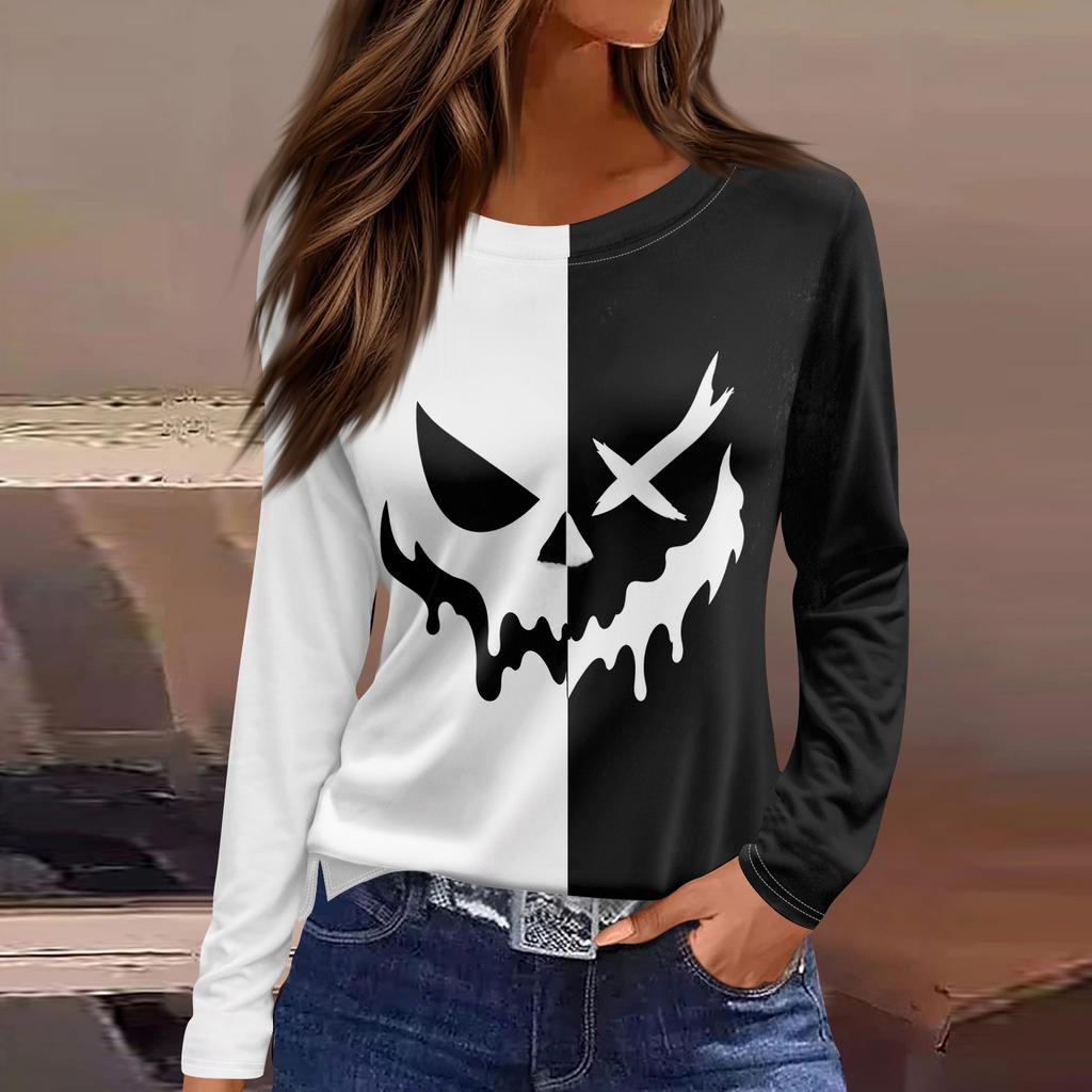 Women's Halloween Print Long Sleeve Top with Round Neck and Hem Slit for Casual Party Wear