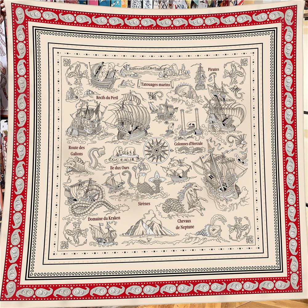 

Women s Sailing Boat Print Silk Wool Scarf: Hand-Rolled Edge Winter Shawl 130*130 cm грязно-белый
