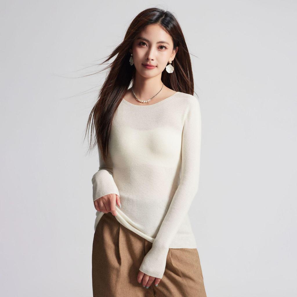 Machine Washable Women's Seamless 100% Pure Wool Round Neck Knit Sweater, 60 Count, 18 Gauge, Autumn Base Layer