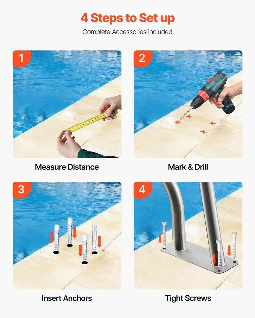 Pool Rail, 78.8 x 55.8 cm Pool Handrail, 100kg Load Capacity Heavy Duty 304 Stainless Steel Swimming Handrail, Detachable Nonslip Sleeve, Rich