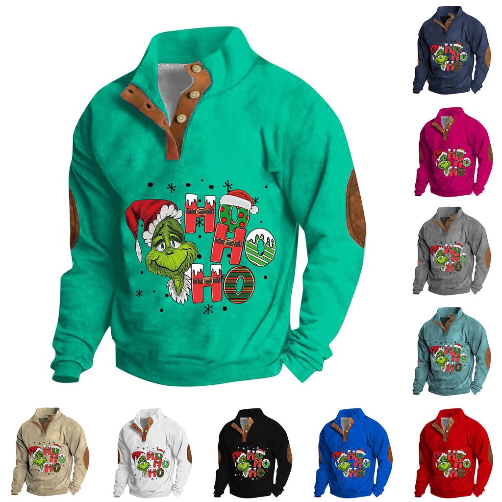 Men's Casual Fashion Christmas Printed Hoodless Sweatshirt Wide Men's Loose Button Stand Collar Hooded Sweatshirt