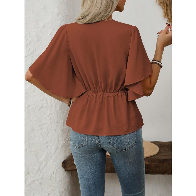 JKASHDK Women's Fashion Casual Summer Spring Solid Color Print Short Sleeve V-Neck Blouses & Shirts