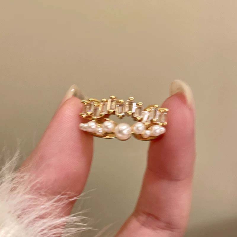 Fashion Zinc Alloy Color Pearl Chain Cuff Ring For Women Couples Simple Metal Double-Layer Adjustable Ring Bride Zircon Gifts