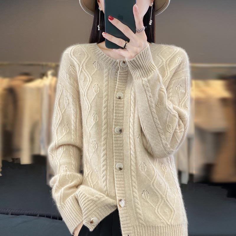 2023 Women's Cable Knit Wool Cardigan - 100% Pure, Loose Fit Autumn/Winter Outerwear