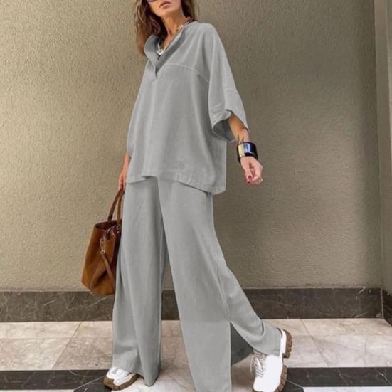 Women's Two-Piece Outfit Oversized 3/4 Sleeve Pullover Top And Wide Leg Pants Set Fall Casual Loose Lounge Set