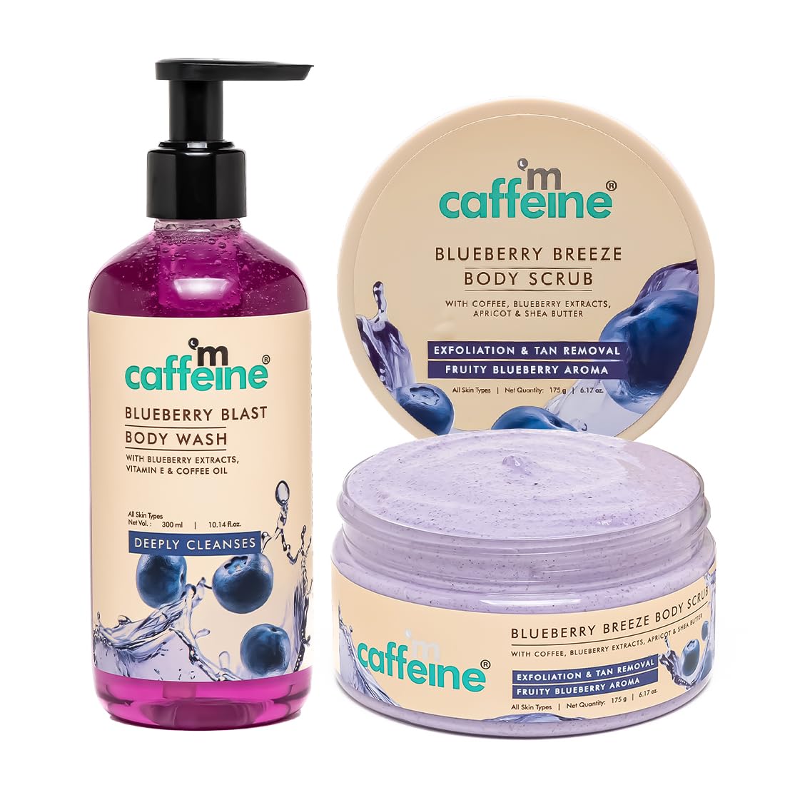 mCaffeine Blueberry Blast Detan & Cleanse Duo for Glowing Skin | Body Wash 300ml & Scrub 175g