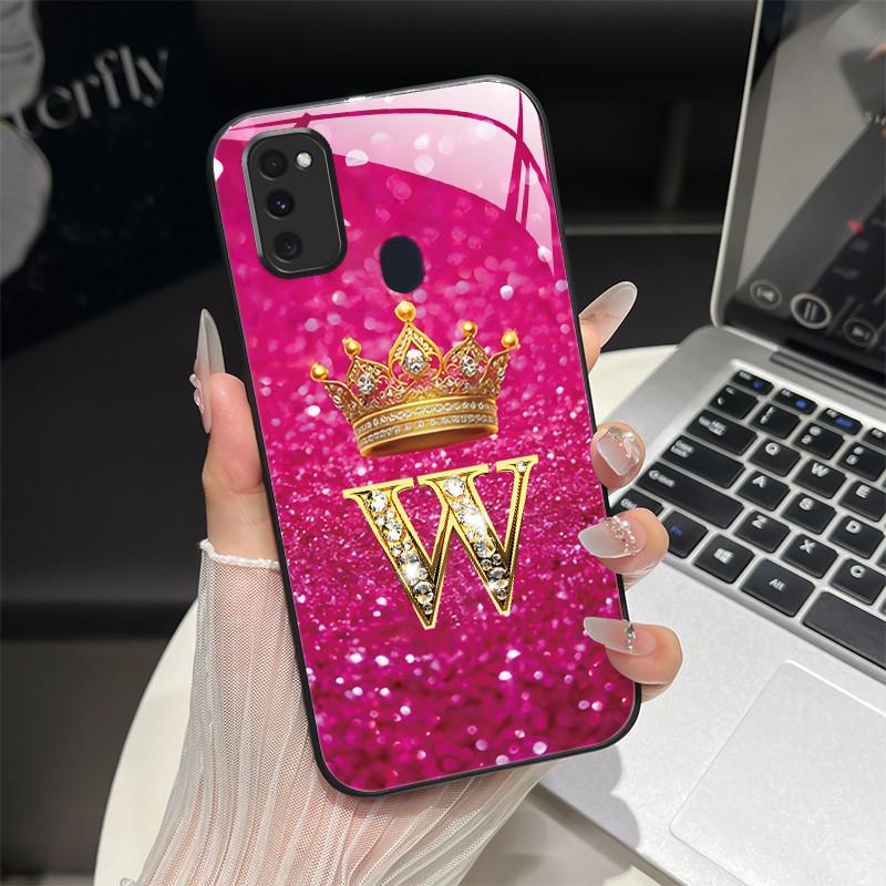 Für Samsung M21 M31 M21S M31S Hülle Modische Buchstaben Hartes Gehärtetes Glas Rückseitenabdeckungen Für Samsung Galaxy M30s M 31 M 21 Handyhülle