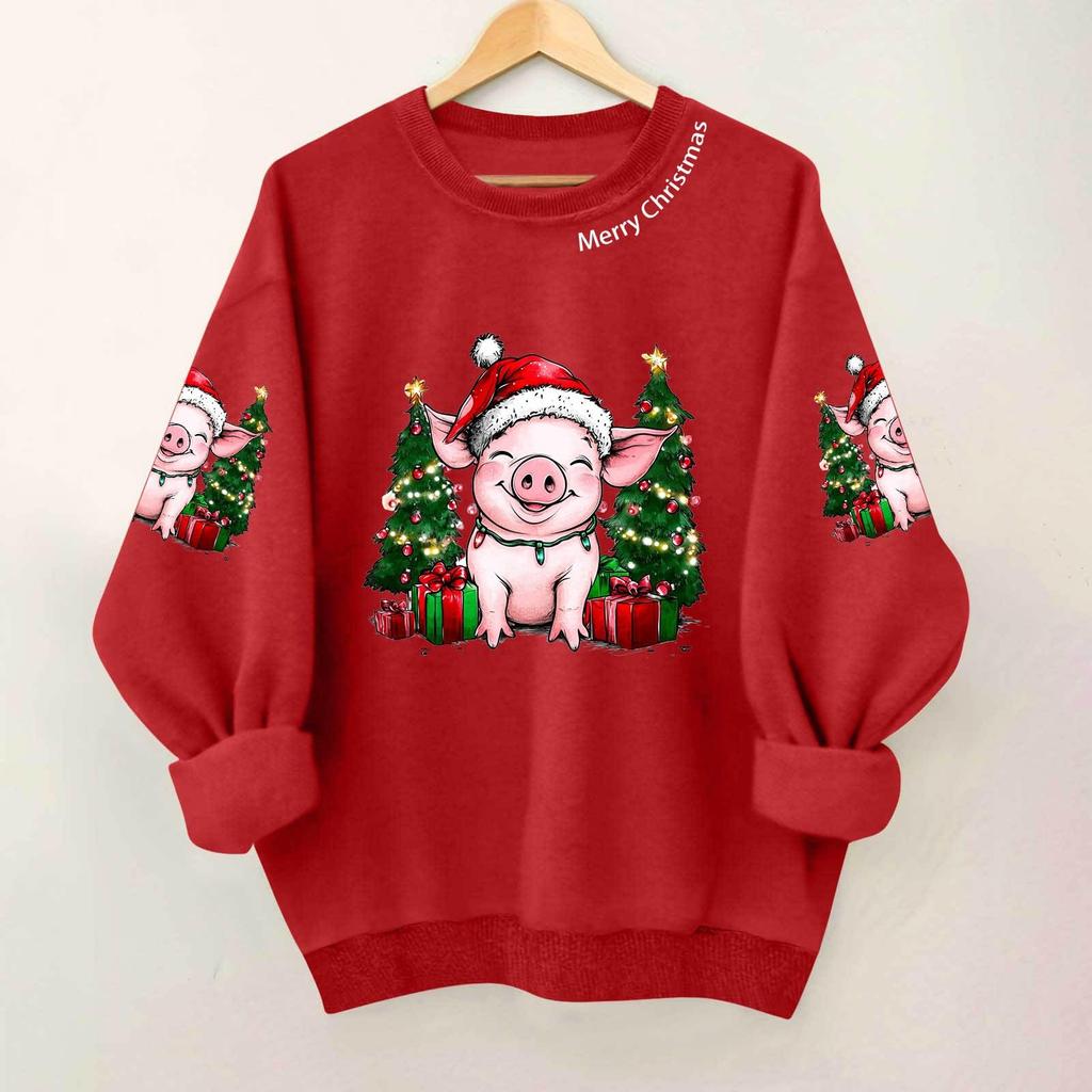 Ladies' Casual And Fashionable Round Neck Top With Christmas Print Hooded T-shirt Long Sleeved Sweatshirt