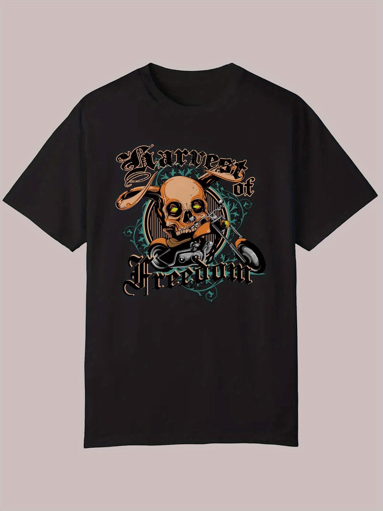 Summer Casual Graphic T-shirt - Black Motorcycle Skull &  Harvest of Freedom  Print S
