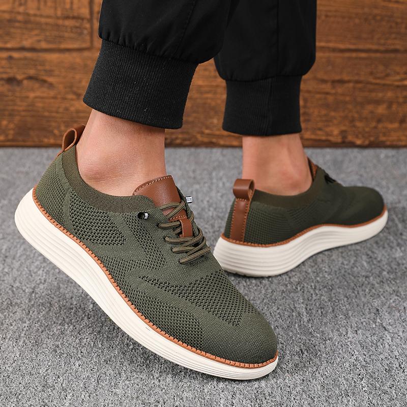 New Men's Classic Walking Shoes Summer Knitted Mesh Breathable Flat Shoes Lightweight Soft Sole Solid Color Lace Up Casual Shoes
