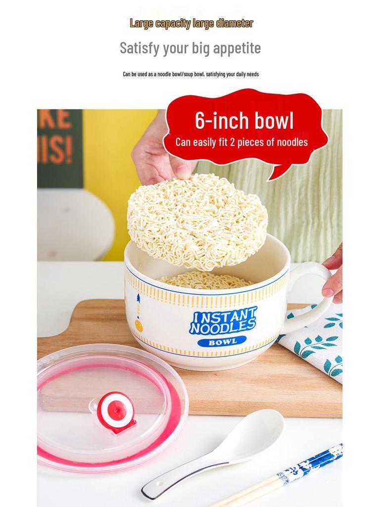 Japanese Ceramic Ramen Bowl Set: Includes Lid, Handle Bowl, Spoon, Chopsticks, and Gift Box - Perfect for Home, Dorm, and Lunch.