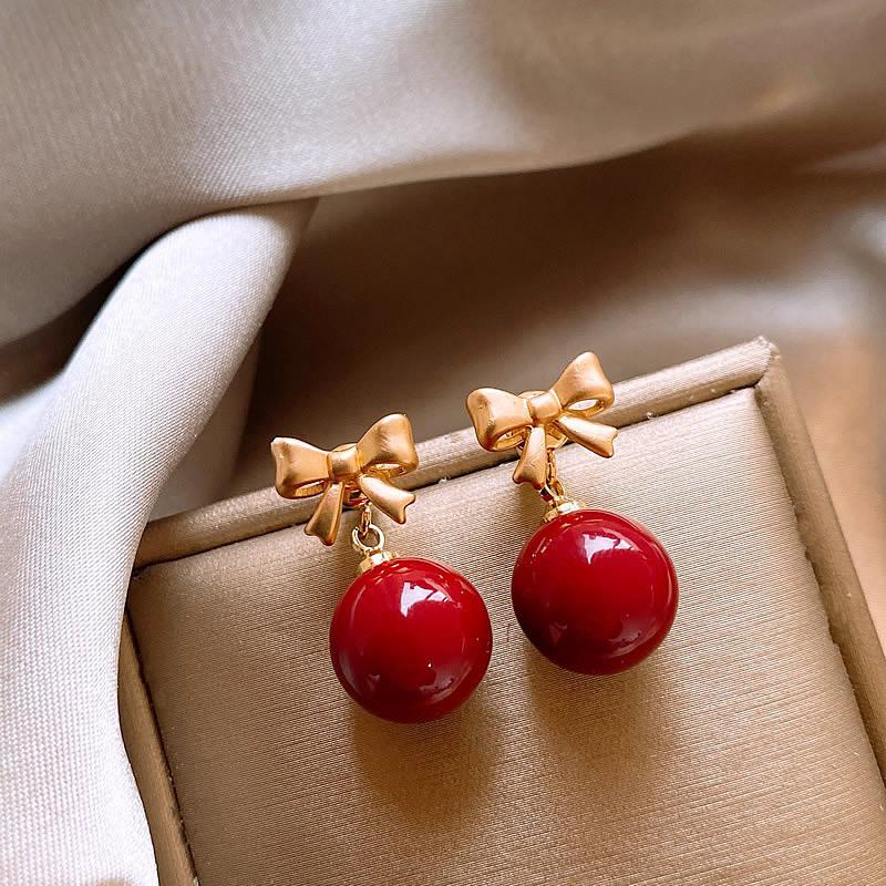 French retro Hong Kong style red geometric resin earrings stud earrings personality temperament earrings women