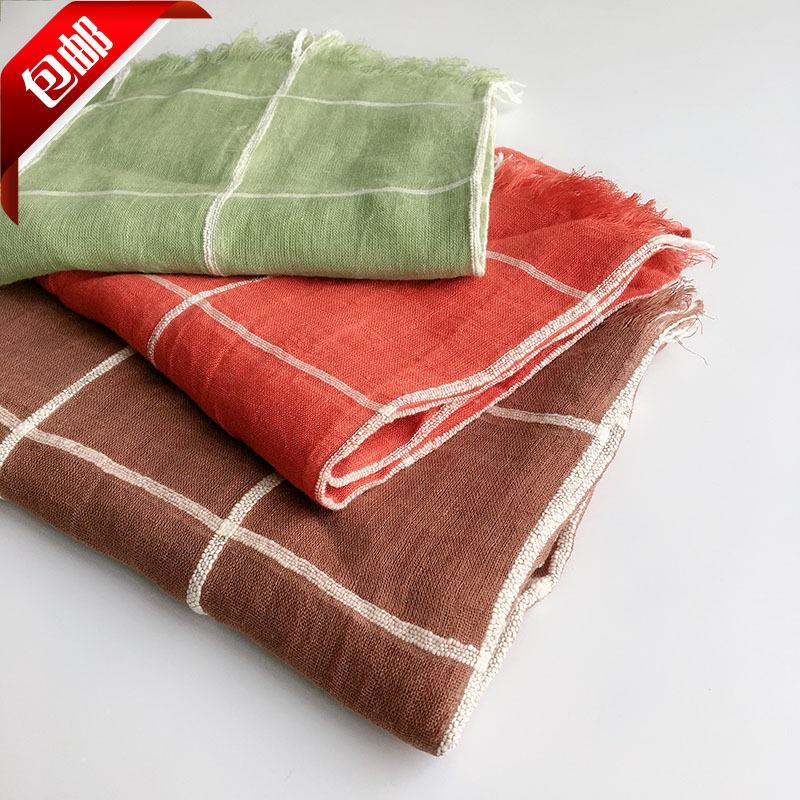 Japanischer Damen Leinen Baumwolle Großer Karoschal Vielseitiges Temperament Sonnenschutz Seidenschal Literarischer Nackenschal