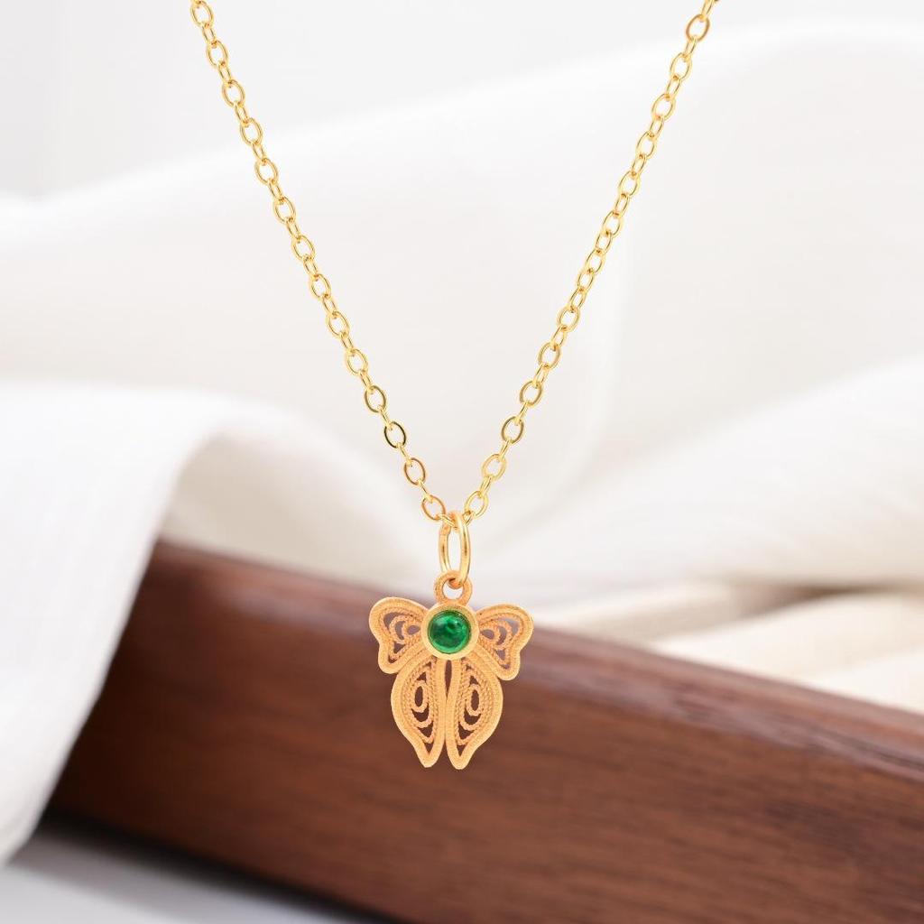 S925 Sterling Silver Chinese Butterfly Fu Necklace with Gem and Pearl Inlay