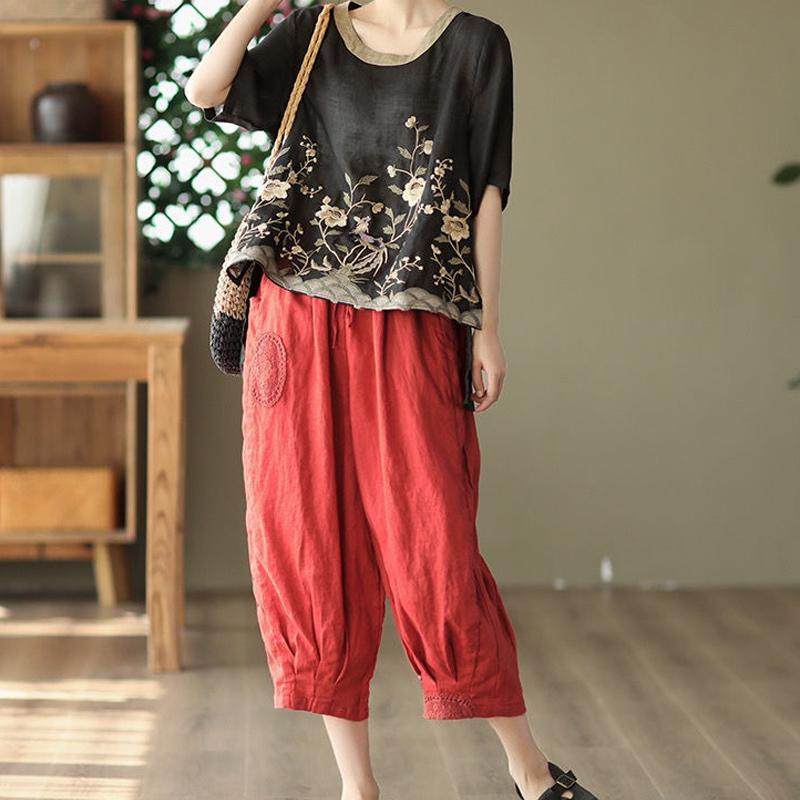 Sommer Damenbekleidung Rundhals Bestickt Patchwork Baumwolle Pullover Kurzarm Tops Damen Bequemes T-Shirt