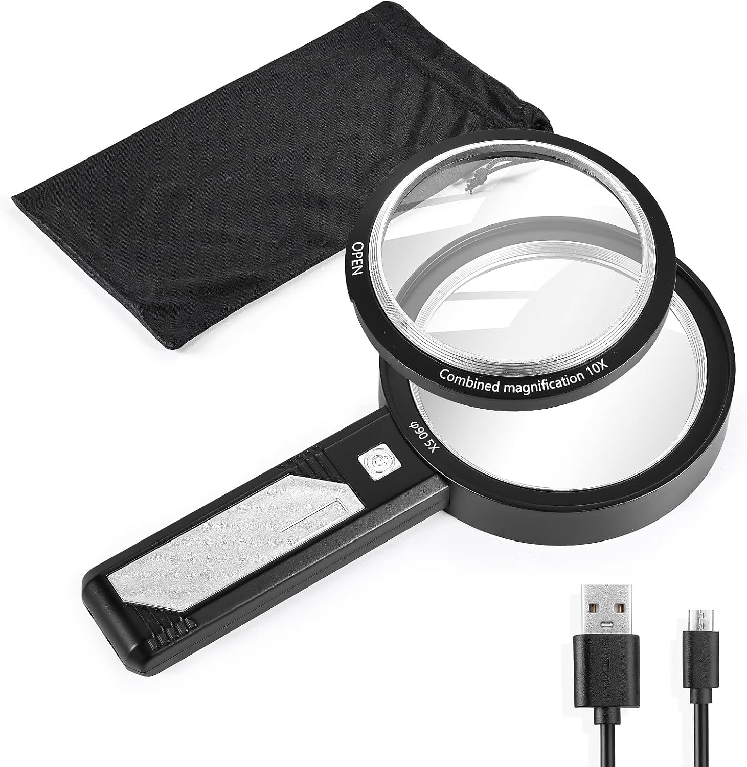 

30X Handheld Magnifier with 6 Light, Jeweler Loupes Lighted Magnifying Glass-USB Rechargeable for Seniors Reading Coins Crafts Jewelry Hobbies 5X 10X 15X