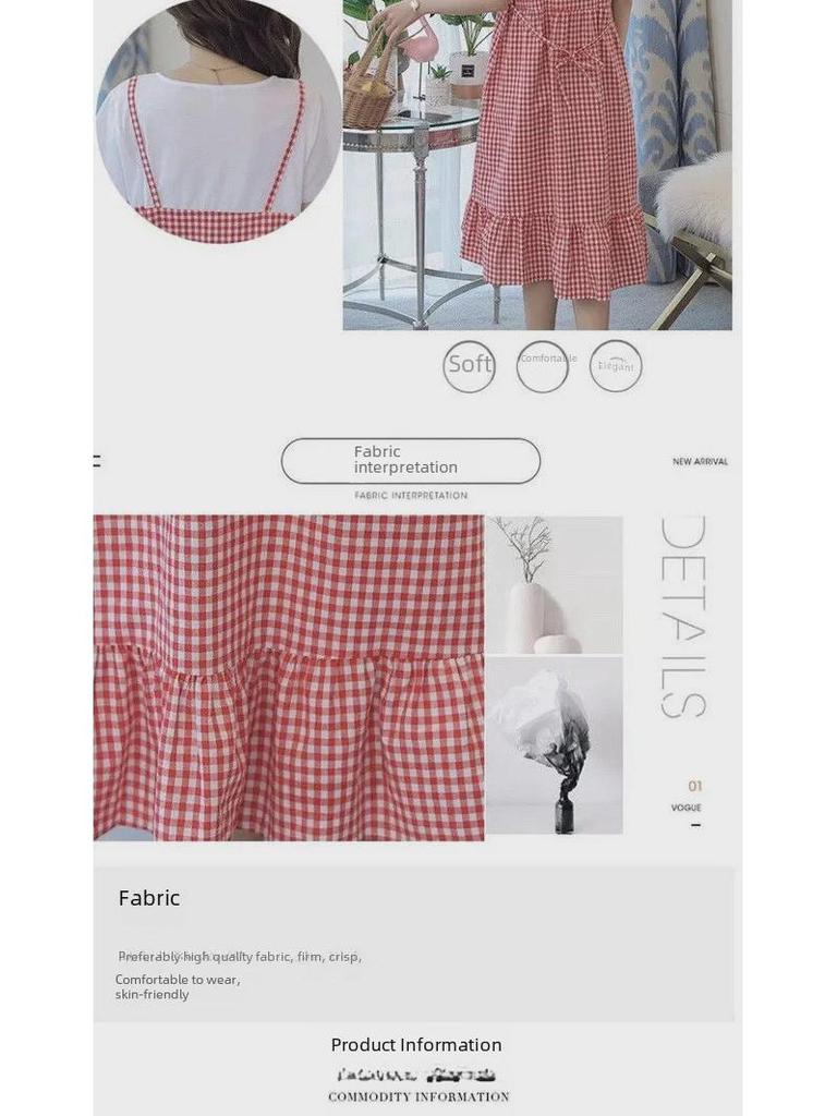 Plus Size Korean Plaid Maternity Dress - Short Sleeve, Loose Fit, Round Neck, Two-Piece Look