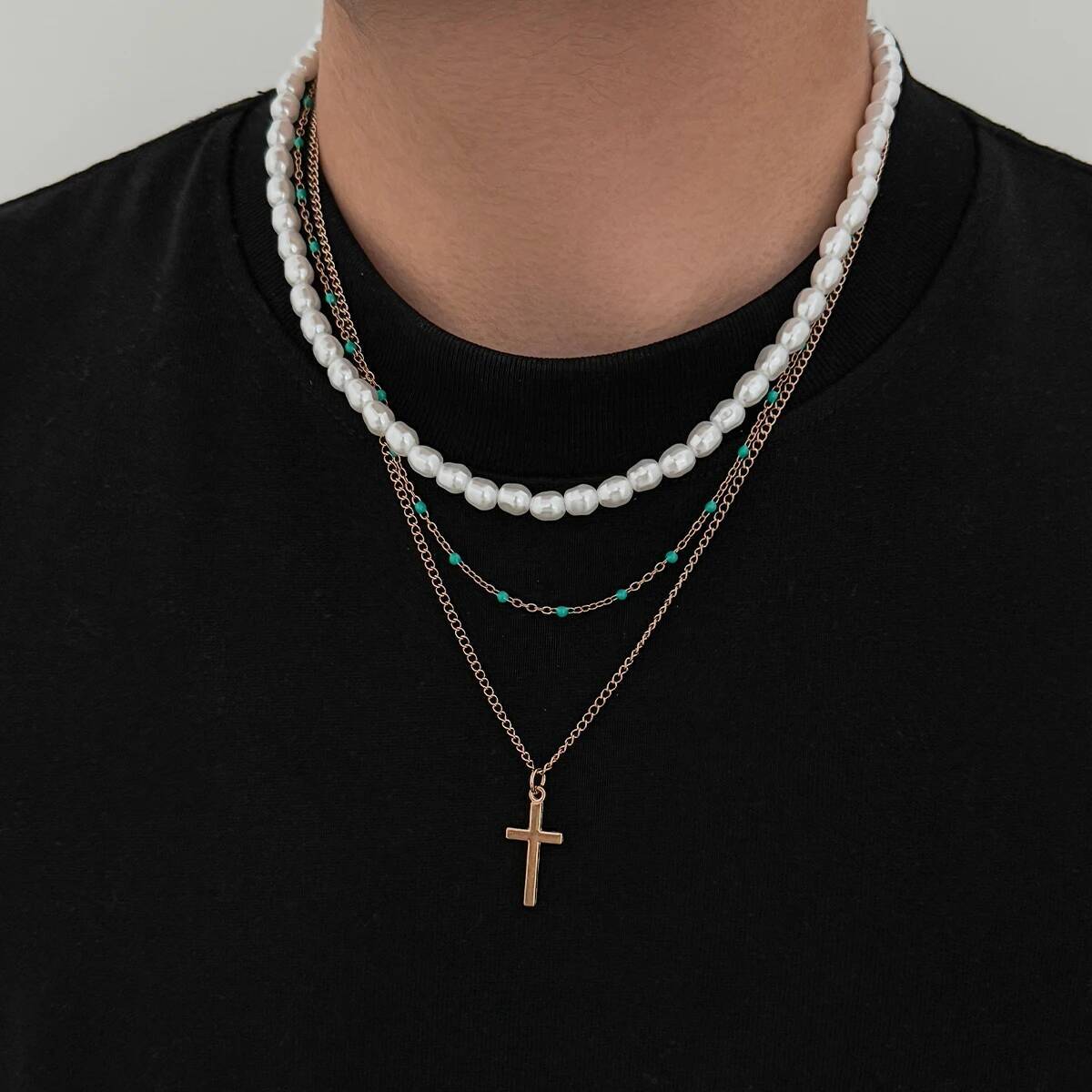 IngeSight.Z 3 Pcs/Set Punk Imitation Pearl Jesus Cross Pendant Necklace Men Hiphop Creative Fashion Street Jewelry Accessories