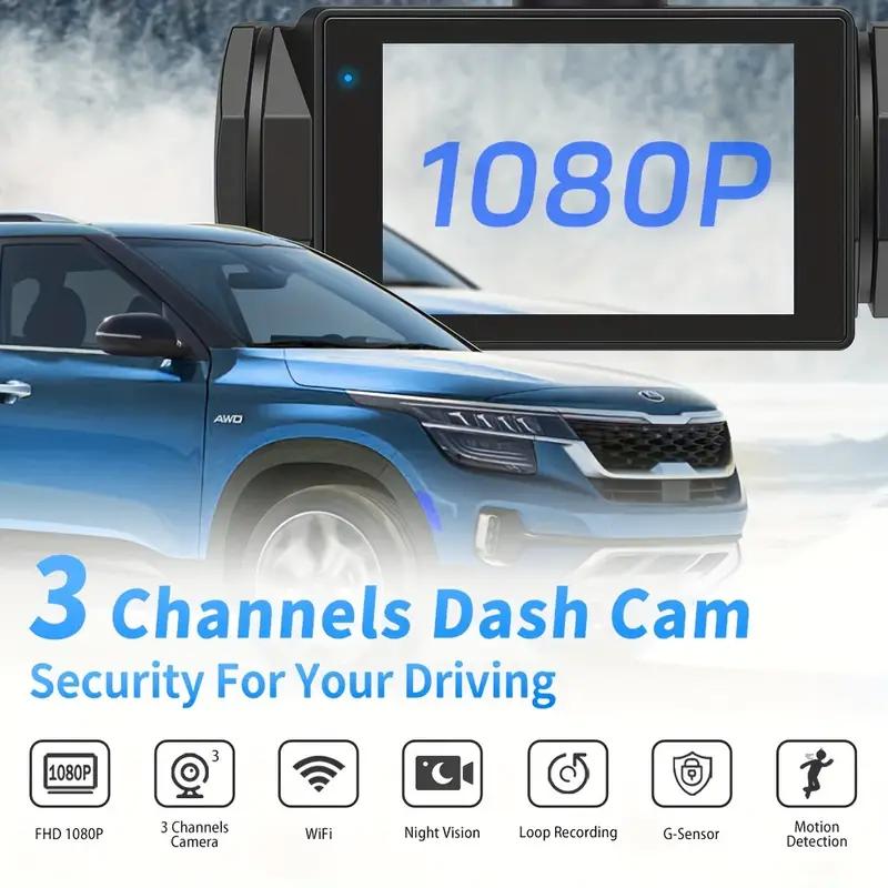 1080P WIFI 3 Channel Dash Cam, 1080P WIFI Dash Cam for Car, G-Sensor, Deg Wide Angle Dashboard with Infrared Night Vision