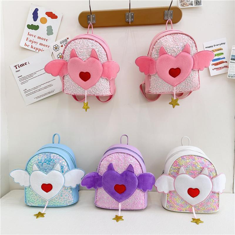 Adorable Heart Shaped Nylon Backpack For Kids Featuring Cute Angel Wings Design