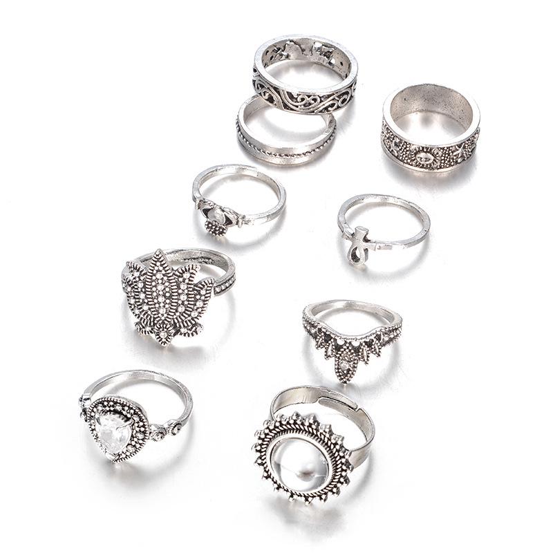 European & American Hot-Selling Retro Ethnic Knuckle Rings: 9-Piece Gemstone Set