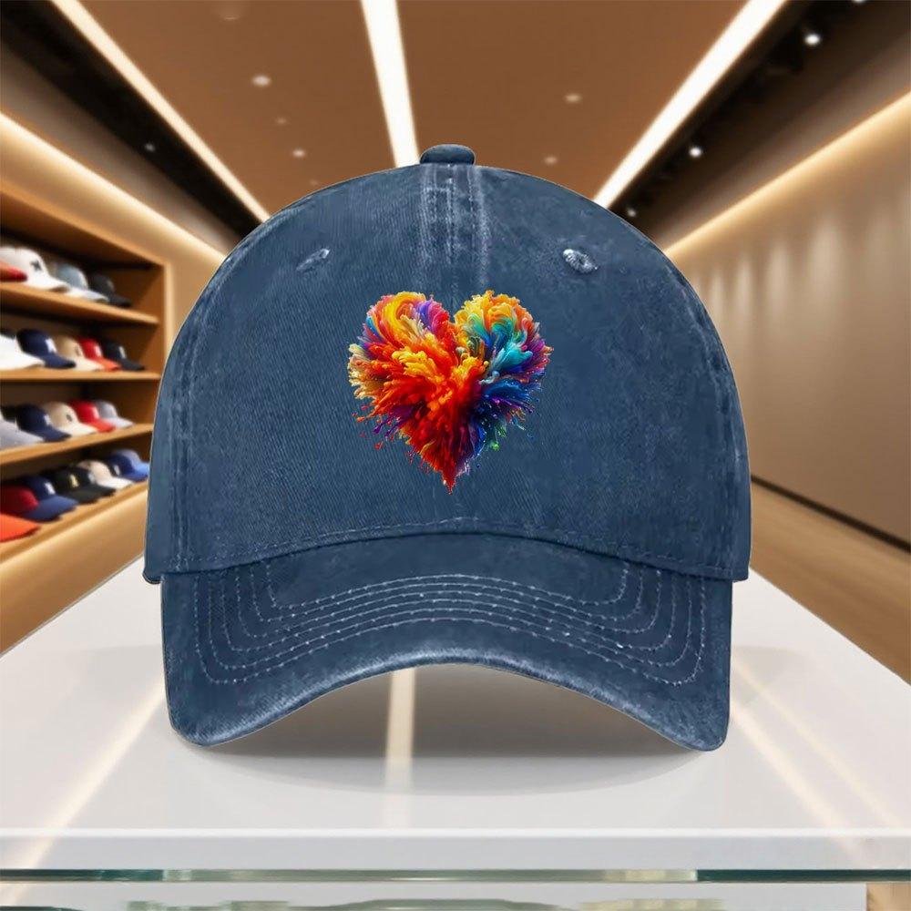 Multicolor Explosion Heart Print Baseball Cap Adjustable Polyester Casual Snapback Hat for Men Women
