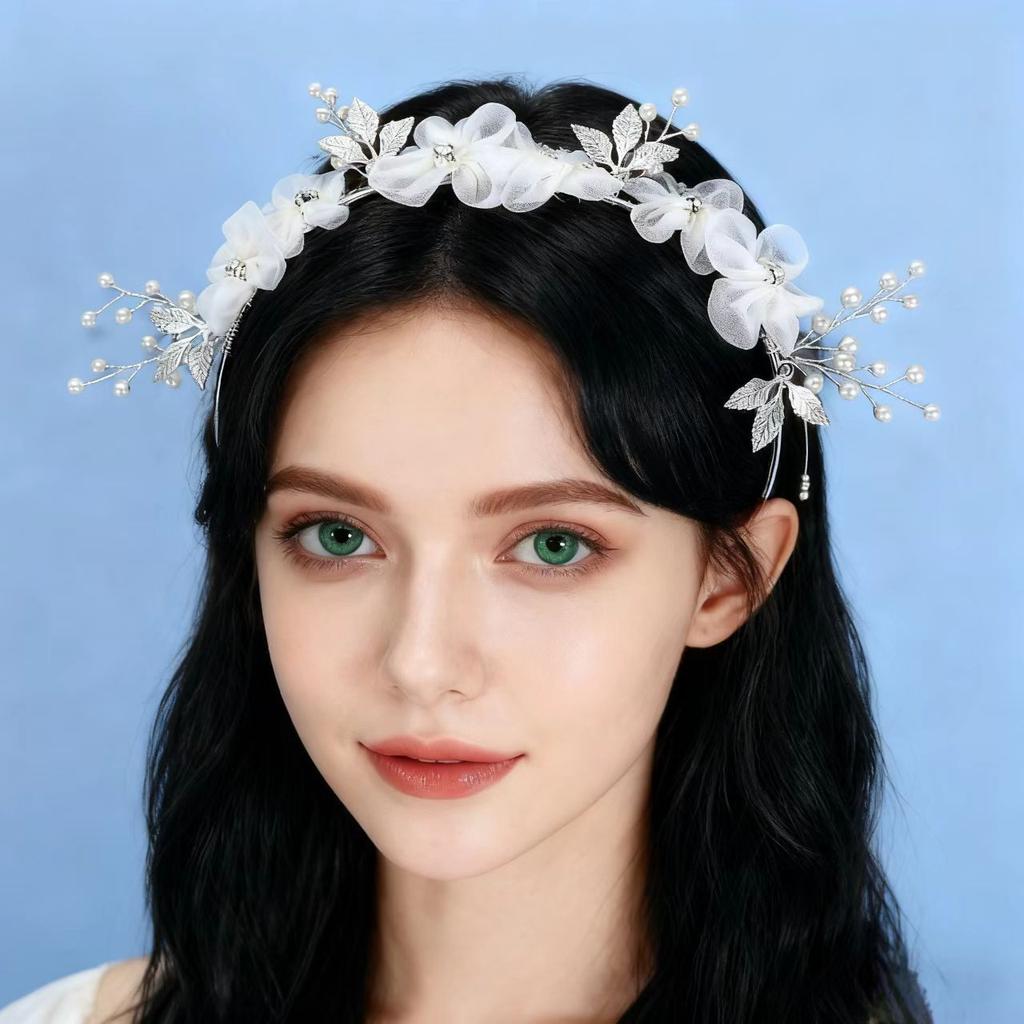 Korean Style Bridal Hair Vine, Forest Vintage Fabric Flower Headpiece, Sweet Silver Hair Accessory for Wedding Updo & Boho Bride