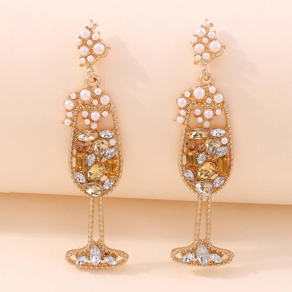 MUXCOR Hypoallergenic Needle Earrings for Women Trendy Diamond Pearl Wine Glass Design Earrings Gold Plated Alloy Jewelry