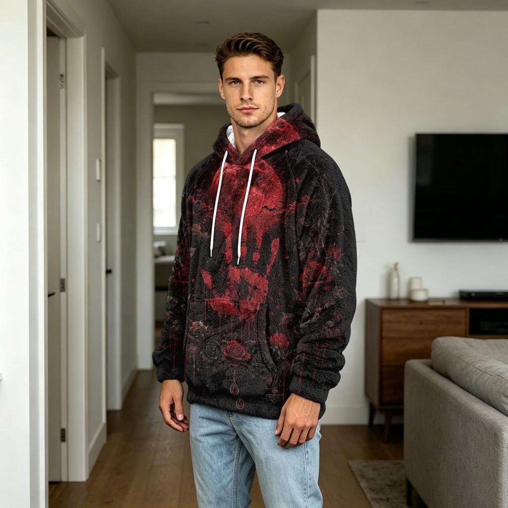 Herren Halloween Print Hoodie Übergröße Flanell Lässiger Pullover Sweatshirt für Herbst und Winter