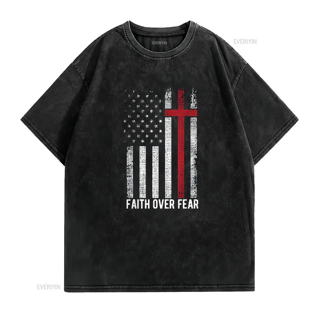 Womens Faith Over Fear American Usa Flag Christian Cross Jesus T Shirt Black 2XL vintage Washed Casual Top For Everyday Wear