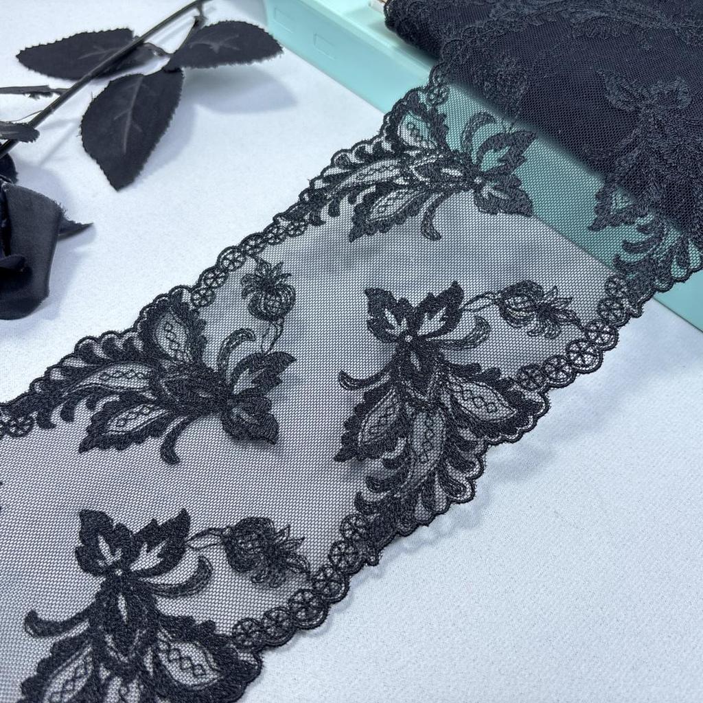 11.5cm wide Narrow Embroidery Lace, Non-stretch Black Net Lace Trim for Dress, Lingerie, Bra, Underwear, Garment, Sewing & Crafting