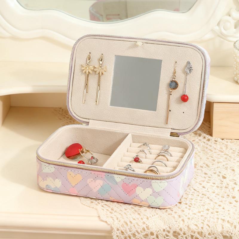 

Heart Print Jewelry Organizer: Portable Earring & Necklace Box with Mirror, Large Capacity Compartments 19*12.5*7.5CM фиолетовый