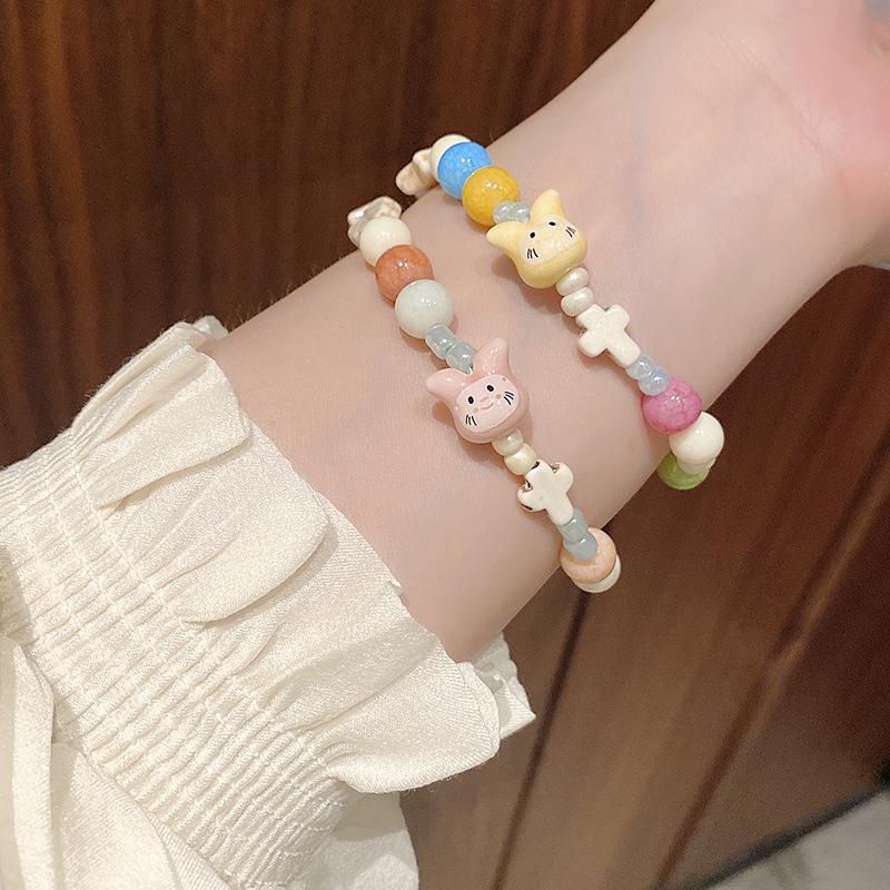 Macaron Color Cute Rabbit Bracelet for Women - Ceramic Beaded Bestie Bracelet, Fade-Resistant
