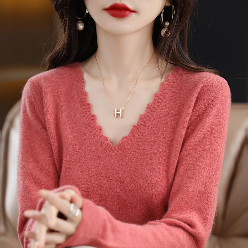 

Осенне-зимний женский кружевной V-образный вырез с длинными рукавами Темпераментный универсальный пуловер Внутренний трикотаж XL красный