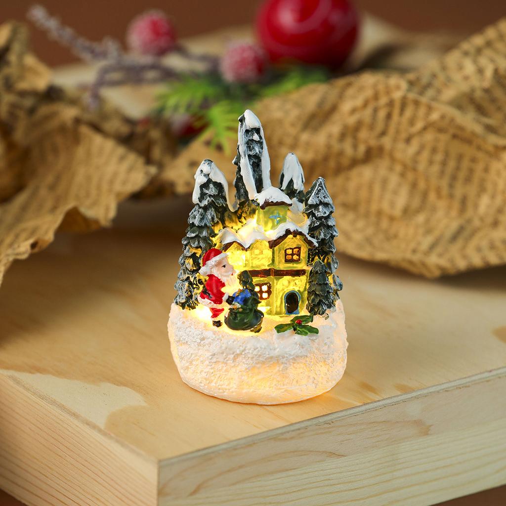 Glowing Christmas Village Resin Ornament Christmas Tree House Building New Year Figurine Sculpture For Home Christmas Decoration