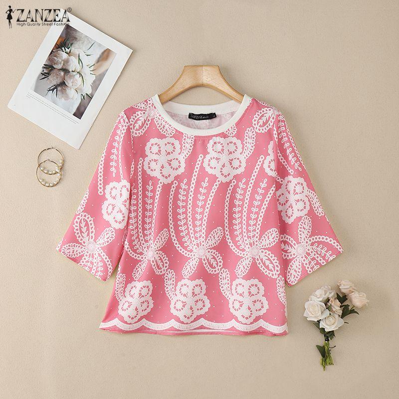 ZANZEA Bluză de vară cu mânecă scurtă și guler rotund pentru femei, casual, cu imprimeu