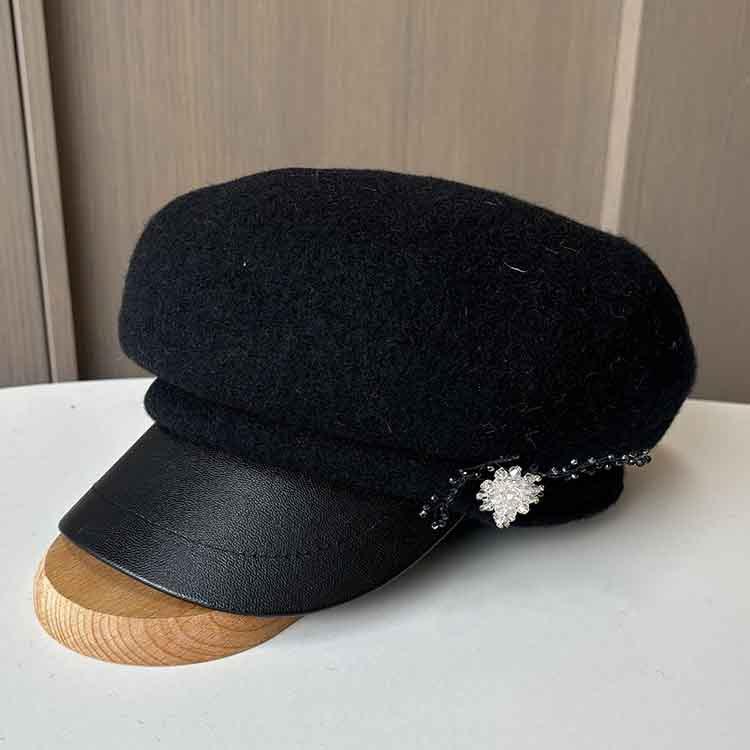 Autumn and Winter Wool Octagonal Hat Femininity Beret Short Brim Leather Cap British Style Newsboy Hat Tide