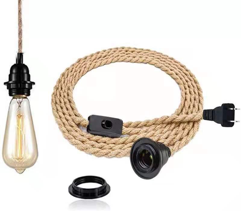 Retro E27 Lampholder with Hemp Rope Power Cord & Plug Switch
