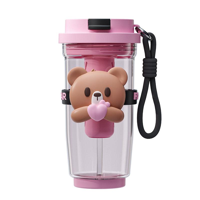 Water bottle hug bear straw cup student high value afternoon tea coffee cup double drink straw cup portable accompanying plastic cup