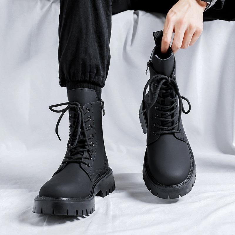 2026New Men's Boots Fashion High Top Motorcycle Boots British Casual Leather Boot Plush Warm Winter Boots for Men Platform Botas