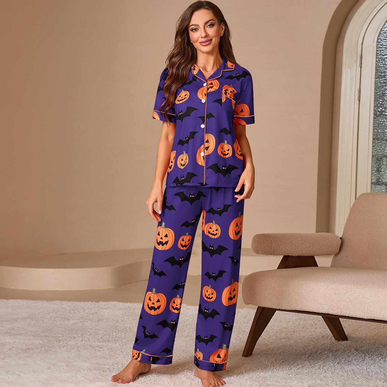 

лето осень Женский черный пижамный комплект из двух частей Мягкая одежда для сна Домашняя одежда на пуговицах Пижама Женская с забавным принтом на Хэллоуин Комплекты для дома M фиолетовый
