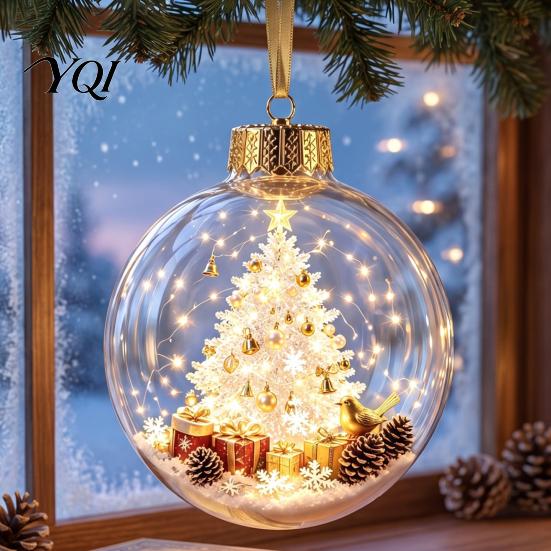3D Winter Scene Decorations Lighted Christmas Ball Ornaments, Miniature Hanging with Warm LED Decorative Acrylic Holiday Spheres Light, Clear