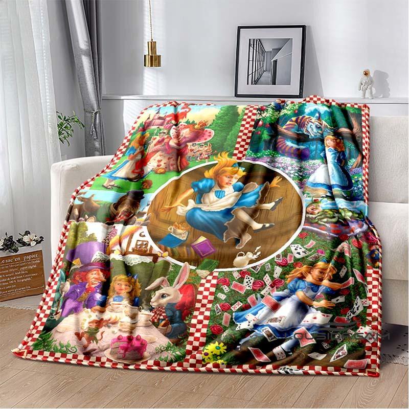Alice in Wonderland Cartoon Print Plush Blanket, Extra Large Size, Warm and Comfortable, Suitable for Bed and Sofa Decoration.