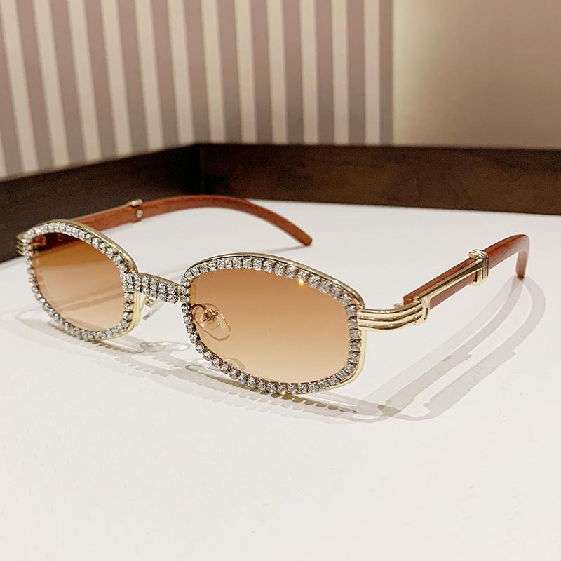 New Style Oval Sunglasses For Women With Diamonds, Fashionable Retro Imitation Wood Grain Sunglasses, High-end Sun Protection Gl