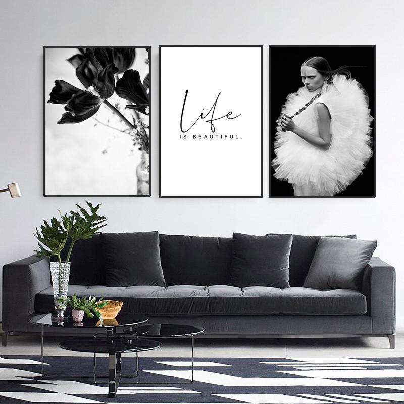 Modern Wall Prints Picture Flower Modular Poster Black White Ballet Girl Canvas Painting Life Quote Art Living Room Decor HD0082