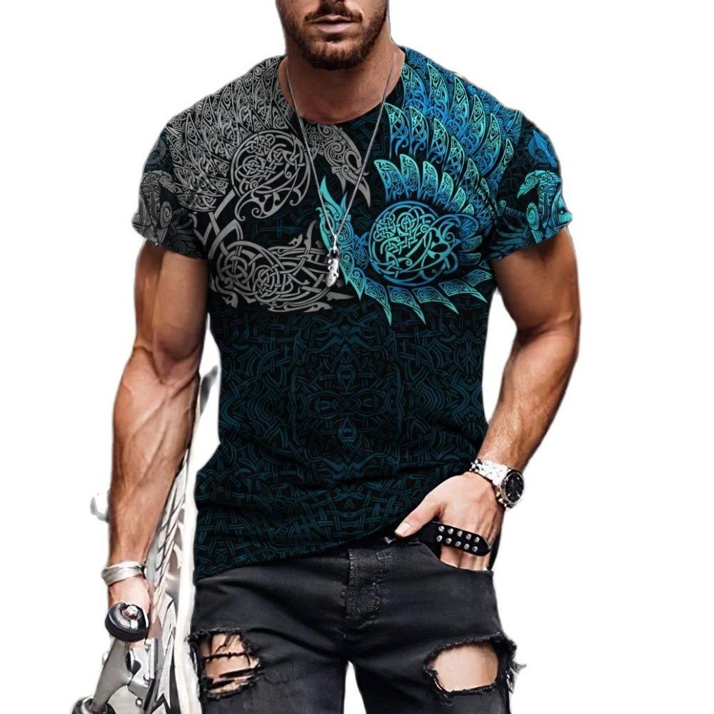 Summer Casual Viking Symbol Crow Tattoo Red 3D Printed Men's T-shirt Round Neck Short Sleeved T-shirt Unisex Street T-shirt Top