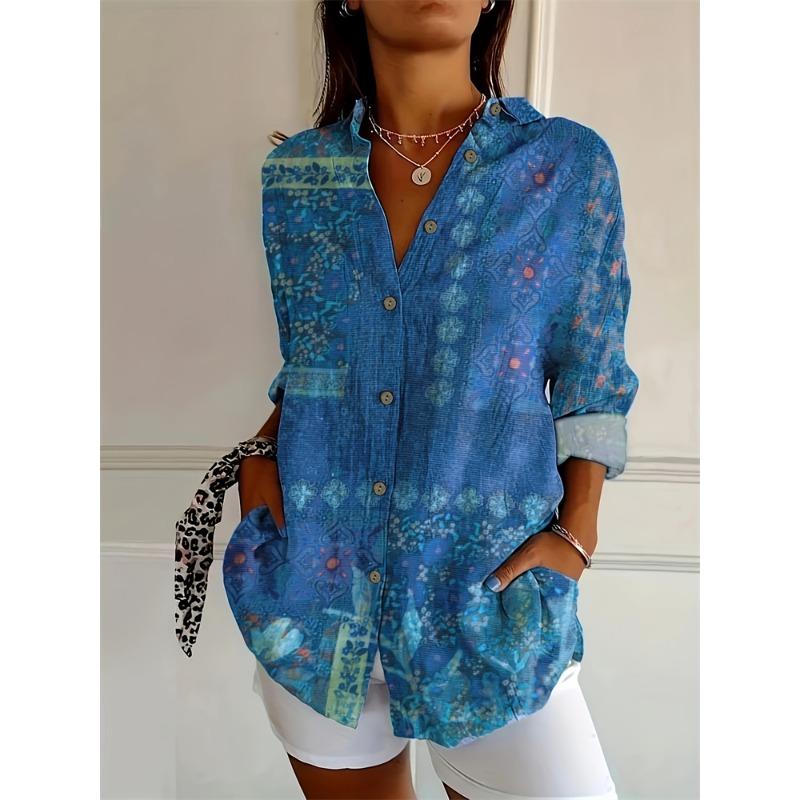 Autumn Women's Casual Long Sleeve Shirt Beautiful Flower Print Travel Lapel T Shirt Elegant Single Breasted Tops Long Shirt