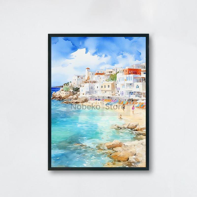 Watercolor Style Mediterranean Coast Sea Poster Seaside Landscape Prints Canvas Painting Wall Art Pictures Home Room Beach Decor