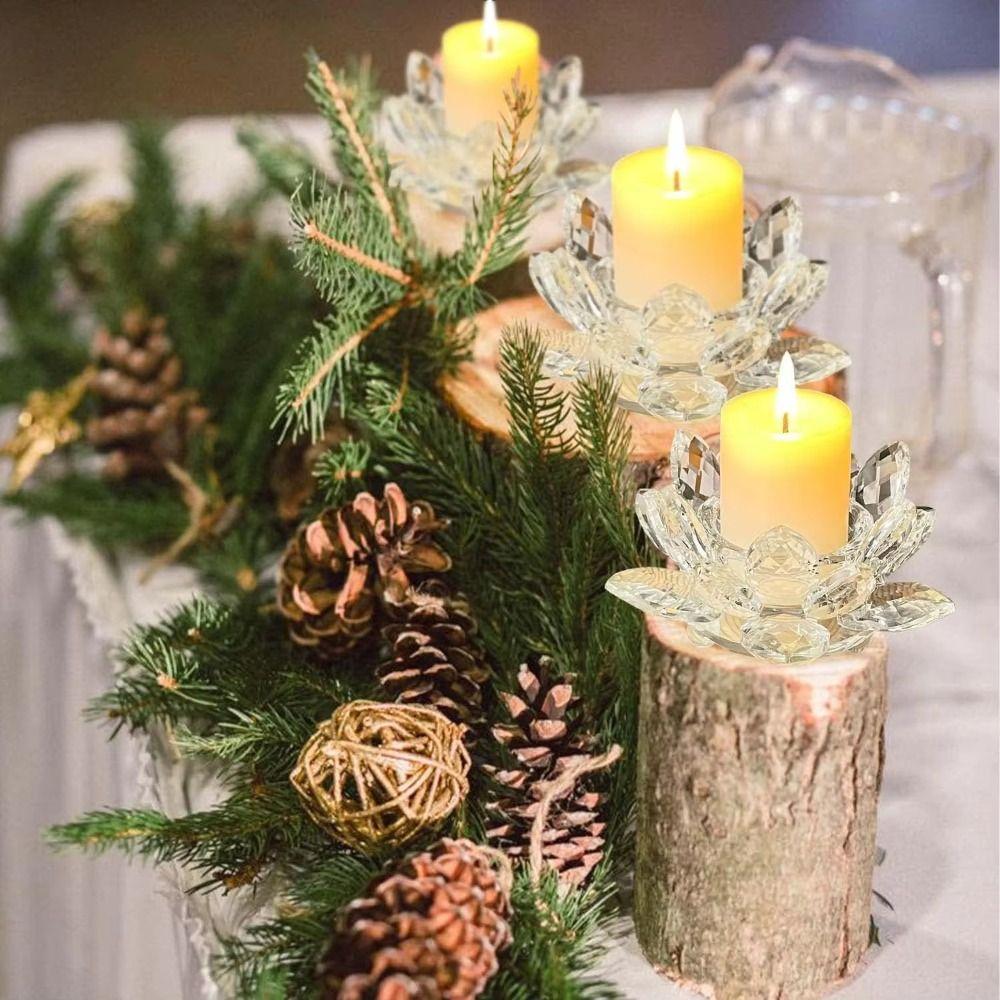 Glass Crystal Lotus Candle Holders Clear Figurines Flower Tea Light Holder  Table Centerpieces