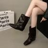 6Cm~ Autumn And Winter Maillard Pile Short Boots Women'S Inner Height Increasing Square Head Folds Skinny Boots Thick Heel Retro
